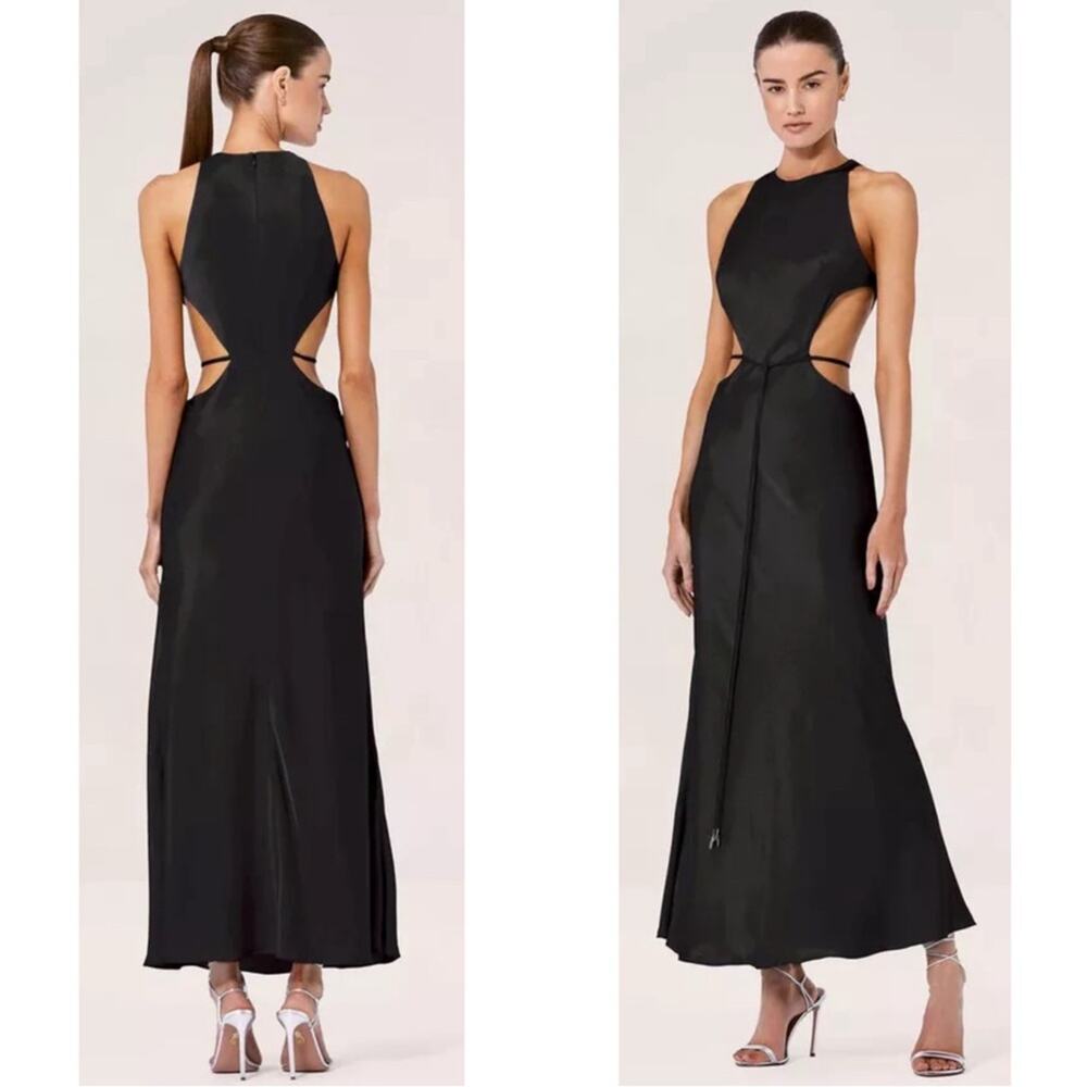 ALEXIS Lune Cutout Tie Waist Satin Black Maxi Dress Size Medium
